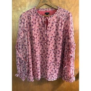 Talbots Pink Floral Long Puff Sleeve Blouse Top Peasant Prairie Ruffle Cottage